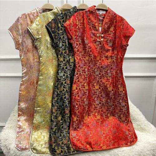 Chinese Dress Woman White Golden Classic Qipao Silk Brocade Cheongsam New 2021Cheongsam Dress Traditional Retro Qipao Dress