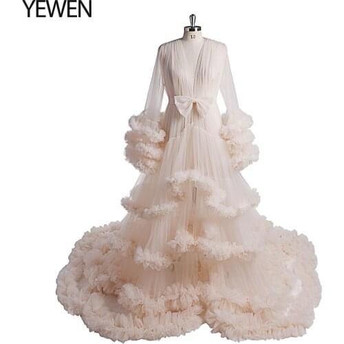 Ruffles Tulle Maternity Robes Light Champagne Women Long Tulle Dresses Photo Shoot Beach Birthday Party Tulle Robe YEWEN