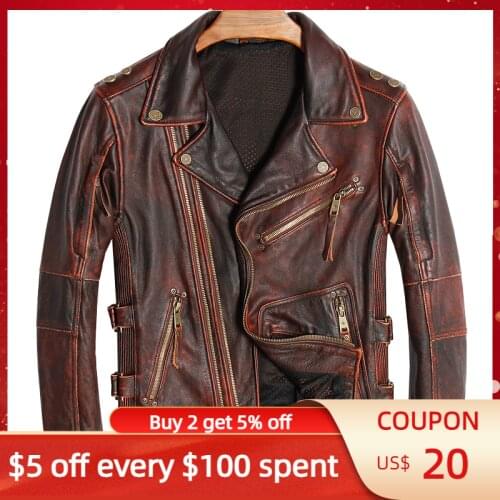 2021 Vintage Brown American Bikers Style Leather Jacket Men Plus Size 4XL Genuine Thick Cowhide Autumn Slim Fit Motorcycle Coat