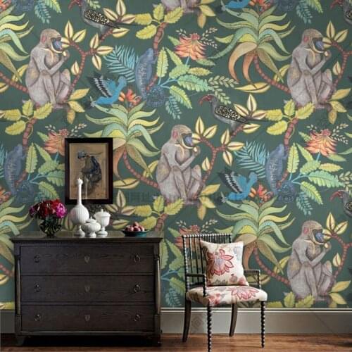 American wallpaper hand painted fashion tropical plant personality monkey wallpaper living room bedroom retro background mural