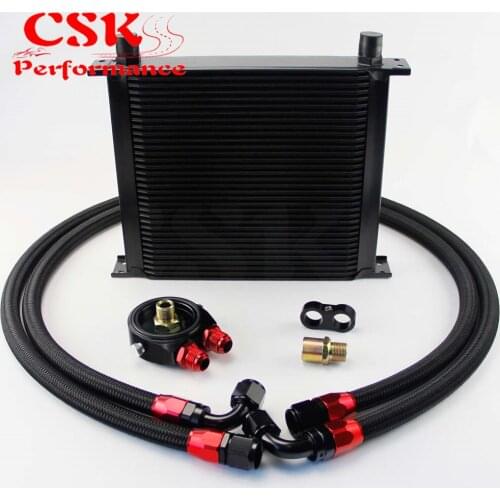 AN10 34Row 248mm Universal Engine Transmission Oil Cooler British Type + Aluminum Filter Hose End Kit Blue/Black