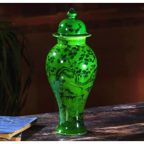 Jingdezhen Ceramic Vase Decoration Chinese Style Retro Living Room Home Decoration green ceramic Ginger jar vase