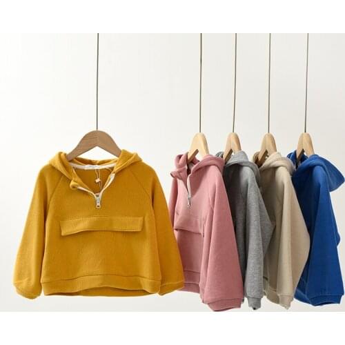 The Child Thread Hooded Sweatshirts Boys and Girls Big Pockets Solid Color Long-Sleeved Top Raglan