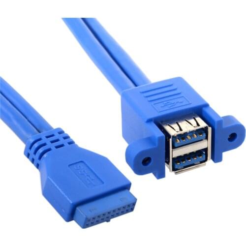 Dual Double USB 3.0 A female 2 port to usb 3.0 20pin 20 pin female Motherboard Mount twins cable Adapter with screw hole 50cm