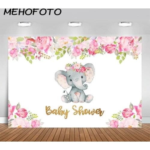 MEHOFOTO Elephant Baby Shower Backdrop Baby Girl Elephant Pink Floral Baby Shower Photography Background for Photo Studio