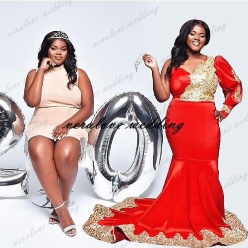 2021 Hot African Red Gold Mermaid Prom Dress One Shoulder Long Sleeves Prom Dress Club Night Wear Robe De Soiré
