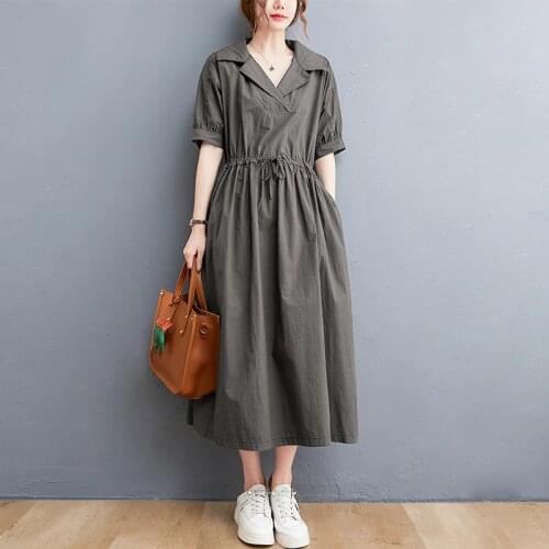 Johnature Women Cotton Dresses V-Neck Short Sleeve Elastic Waist Drawstring Solid Color Clothing 2021 Summer New Loose Dress