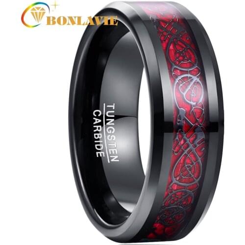 BONLAVIE Red Carbon Fiber Dragon Rings Men Wedding Jewelry Tungsten Steel Ring for Men Couple Gift Ring Jewelry