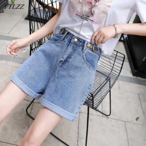 FTLZZ New Summer Women High Waist Wide Leg Button Blue Denim Skirt Casual Female Loose Fit Streetwear Jeans Shorts