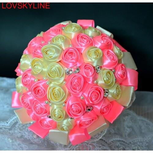 Best Selling pink and yellow Brooch Bouquet Wedding Bouquet de mariage Polyester Wedding Bouquets Pearl Flowers buque de noiva