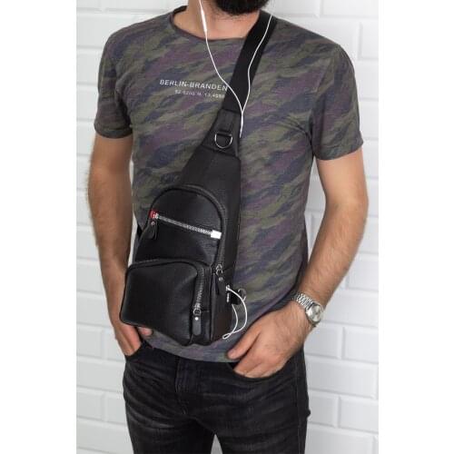 New Fashion Sling Chest Bags for Men Black Crossbody Earphone Charger Cable Output Male Single Arm Mini Backpack Leather Turkey
