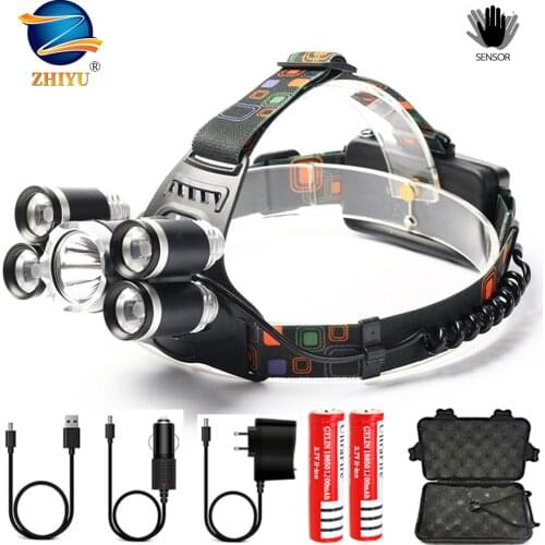 Powerful LED Headlight Headlamp 5LED T6 Head Lamp Flashlight Torch Head Light With IR sensor 18650 Battery for Camping fishing