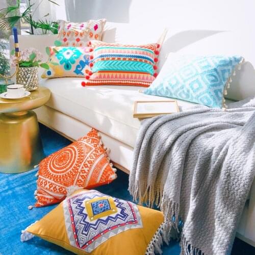 Bohemia Ethnic Embroidery Cushion Cover Home Decoration Linen Cotton Morocco Pillow Cover with Tassels 30x60cm Lumber Pillow
