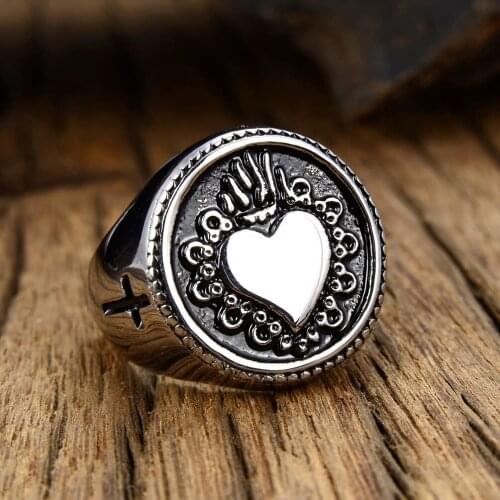 New European and American Cross Ring Retro Personality Heart-shaped Stainless Steel Womens Men Ring Locomotive Poker Ring