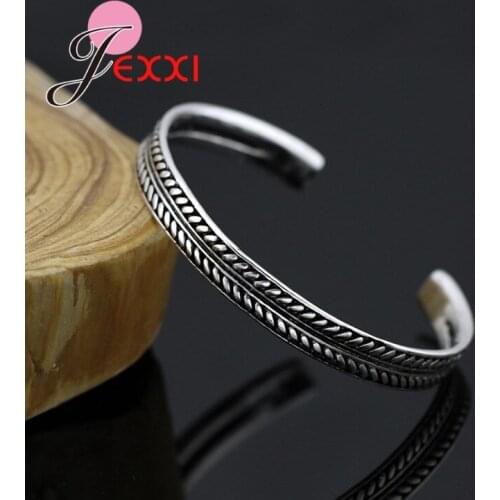 New Trendy Genuine 925 Sterling Silver Feather Leaves Imprint Open Bangles For Women Girls Retro Bracelet Luxury Jewelry Bijoux