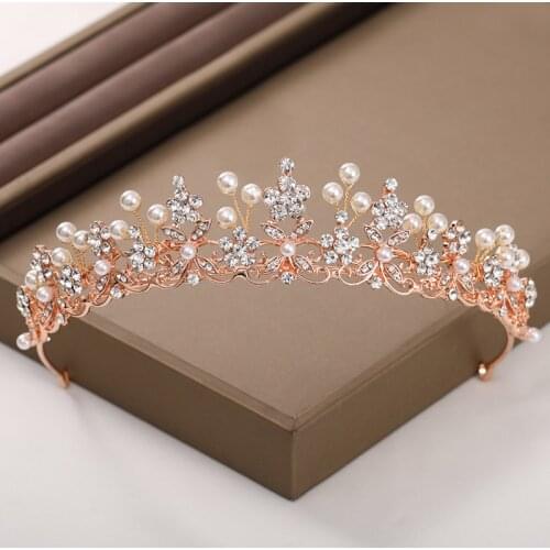 New Design Rose Gold Color Rhinestone Pearls Flower Leaf Tiaras and Crowns for Bride Noiva Wedding Hair Jewelry Accessories