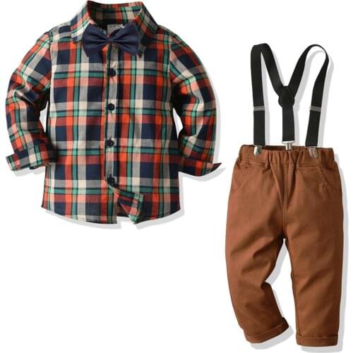 2-8Y Plaid Boys Spring Autumn Clothing Suit Kid Baby Party Sets Long Sleeve Shirt + Suspenders Pants + Bow Tie Overalls Brown