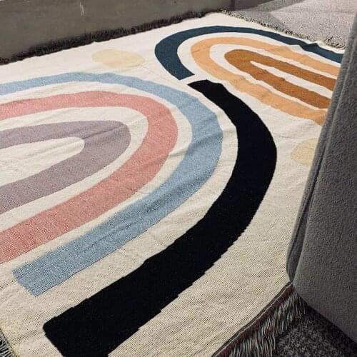 Rainbow Throw Blanket with Fringe Abstract Geometric Pattern Sofa Decorative Hanging Tapestry Blankets Rug Home Decor