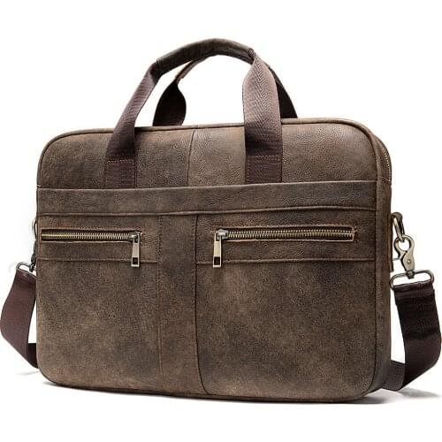 Men Cowhide Luxury Leather Briefcase 15.4"Laptop Book Shoulder Bag Handbag Office Bags Zipper Male 2019 Style Business Frosted