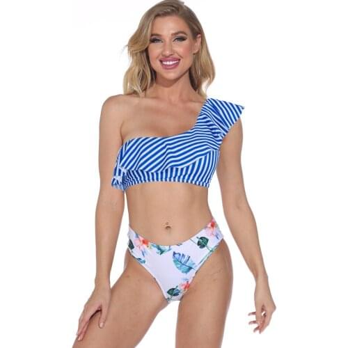 Sexy Ruffle Fringe One Shoulder Bikini Ruffled Bikinis Women Push Up Bandeau Swimwear Stripe High Waist Bathing Suit Swimsuit
