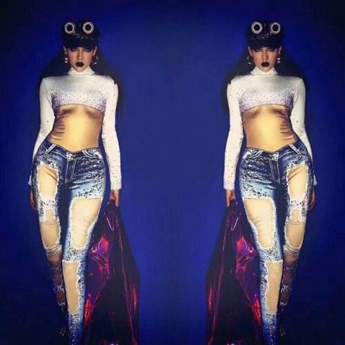 Sexy Jeans Printed Bodysuit Female Singer Stage Costume Leotard Dj Rhinestone Jumpsuit Woman Nightclub Party Club Clothes DT393