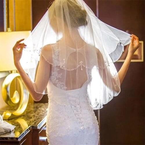 NUOXIFANG White Ivory Smiple 2 layers Short Beaded Pearl Wedding Veil Edge Ruffles with Insert Comb Cheap Bridal veils