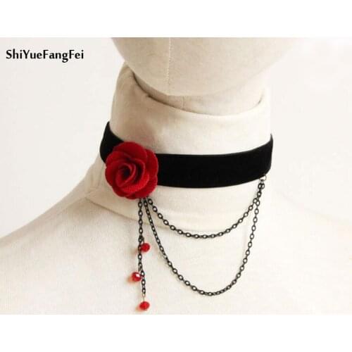 Vintage Hollow Rose Flower Punk Black Lace Necklace Out Big Handmade Gothic Lolita Bracelet Tassels Beads Wedding Jewelry