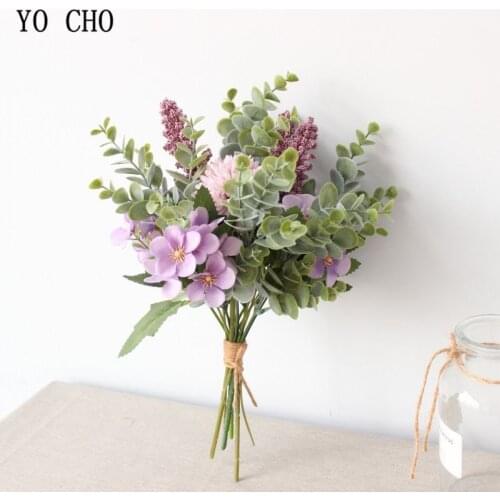 YO CHO Artificial Silk Crabapple Flower Wedding Bouquet Bridal Flower Bouquet White Pompom Eucalyptus Leaves Wedding Supplies