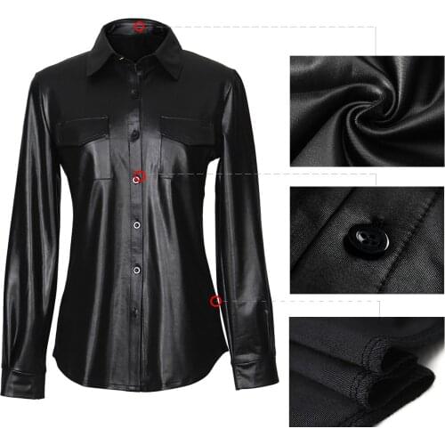Womens Fake Leather Shirt Autumn European and American Style Nightclub Ladies Sexy Womens PU Leather Long-sleeved Shirt