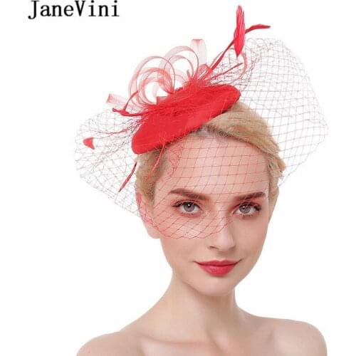 JaneVini Ladies Feathers Fascinator Hat for Wedding Party Mesh Bridal Hat with Short Veil Headpiece Hair Clip Hairband Accessory