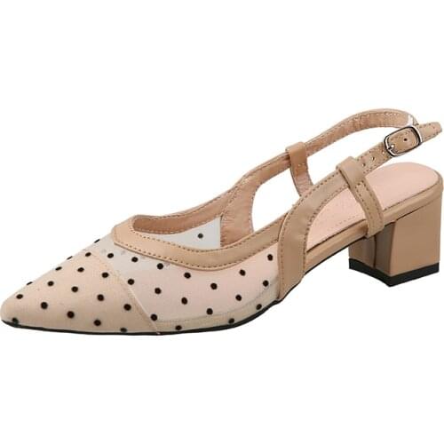 Women Sandals 2021 New Summer Polka Dots Korean Style Pointed Toe Baotou Mesh Sandals Square Heels Female Shoes