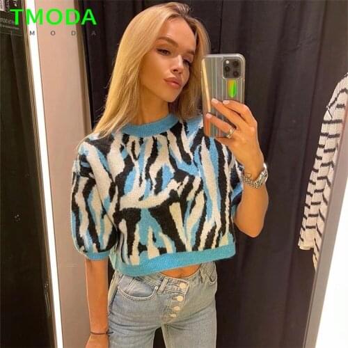 TMODA1894 Za 2021 Summer Autumn Women Chic Leopard Printed Short Sweaters Casual Loose Streetwear Knitting Pullover Cropped Tops