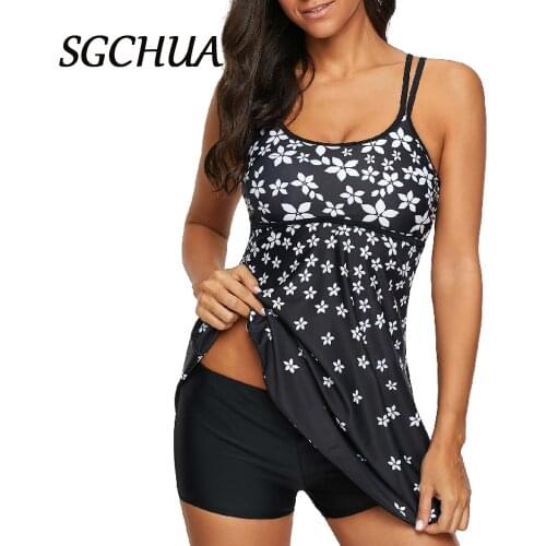 SGCHUA 2020 Blue Print Dot Bird Separate Swimsuit Women Bow Plus Size 5XL Two Piece Swimwear with Skirt Fat Beach Bathing Suit