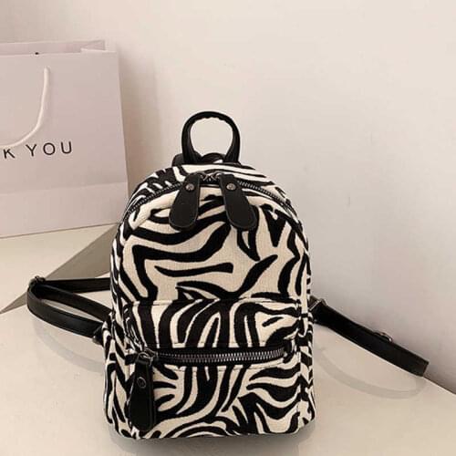 Corduroy Zebra Pattern Womens Backpack Mini Rucksack Canvas Backpack Vintage Female Knapsack Winter Warm Daypack Travel Back Bag