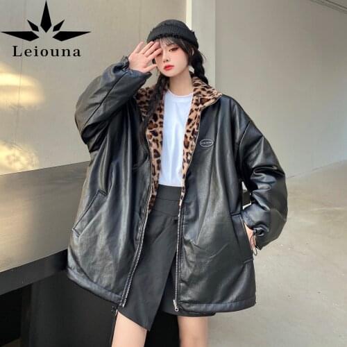 Leiouna Loose 2021 Winter Wear New Fashion Korean Leather Coat Leopard Print Double Face Coat Tide Winter Warm Cotton Coat