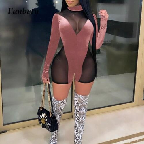 Women Sexy See-Through Mesh Jumpsuit Spring Elegant Patchwork Velvet One Piece Playsuit Ladies Solid Bodycon Party Club Bodysuit