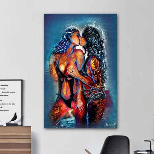 Abstract Portrait Two Hot Girl Kissing Wall Art Pictures Cuadros Canvas Painting Prints for Living Room Bedroom Frameless
