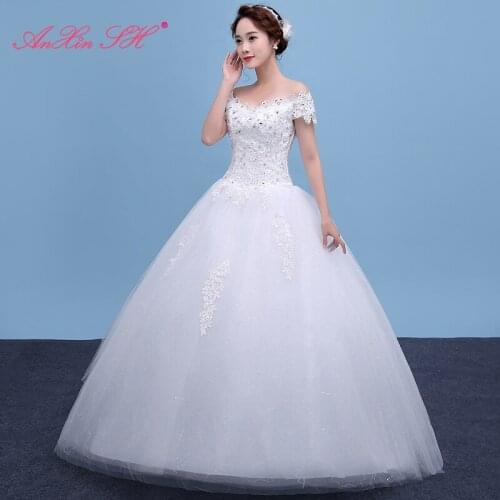 AXJFU princess lace white wedding dress party vintage boat neck beading crystal sequins illusion ball gown wedding dress