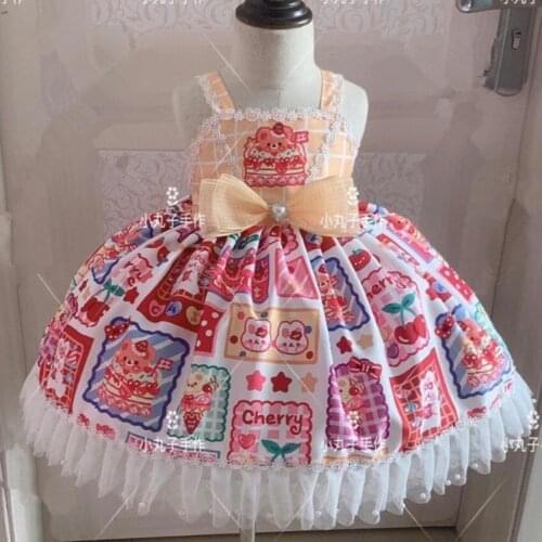 Baby girl summer vintage Spanish sweet bow stap printed lolita dress kids lace stitching Turkey birthday party ball gown dress