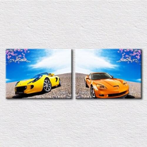 Designs pictures yellow car and orange car under the Fresh blue sky modern fashion pictures printed 2pcs set for home decor