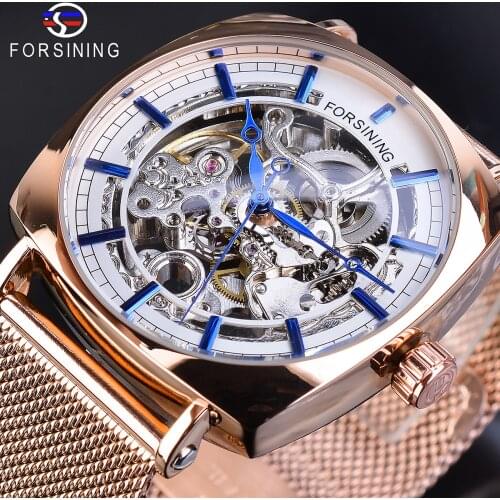 Forsining Square Rose Gold Mechanical Watch Men Automatic Transparent Slim Analog Business Dress Stainless Steel Mesh Band Clock