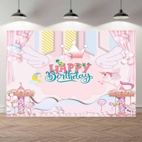 Seekpro Photography Background Happy birthdaqy party cartoon unicorn flying horse birthday Backdrop Photo Background Photocall