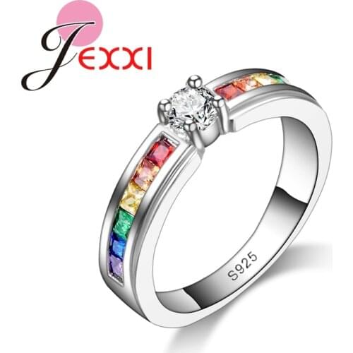 Real 925 Sterling Silver Various Colors Round Colorized Crystal Women Wedding Rings CZ Fashion Jewelry Ladies Accessories