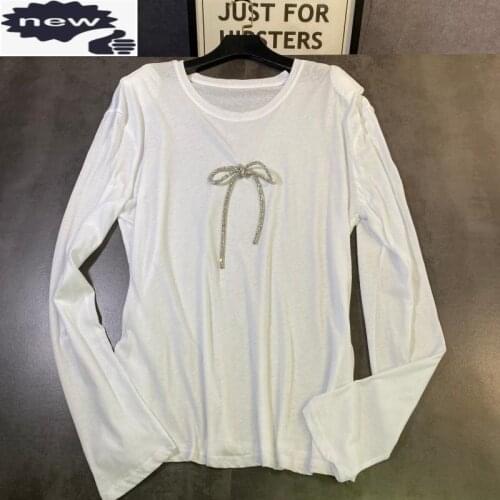 Summer Women Long Sleeve White T-shirt One Size Diamonds Bowknot O Neck Tees Tops Casual Loose Fit Pullover Streetwear T-shirts