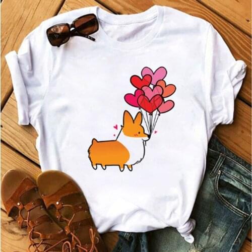 LINNA Womens Funny Corgi Dog Print T-shirt Harajuku 90s Kawaii Ms. Short-sleeved T-shirt Graphic T-shirt Female T-shirt