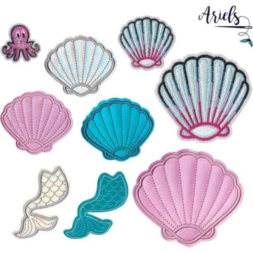 50pcs/lot Embroidery Patches Clothing Decoration Hat Biker Accessories Mermaid Tail Shell Cuttlefish Iron Heat Transfer Applique