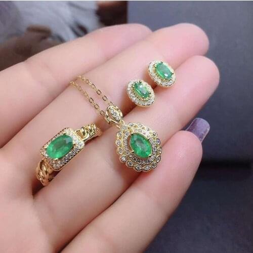 Real Natural Emerald jewelry set Natural Real Emerald 925 sterling silver 1pc pendant,1pc ring,2pcs Earring