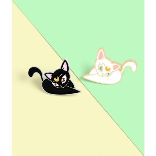 New Cat Enamel Pin Moon Girl Brooches Bag Lapel Pin Black White Animal Badge Jewelry Gift for Kids Friends