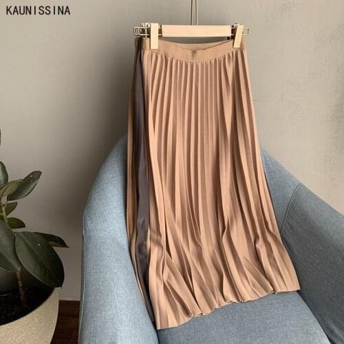 Autumn Winter Pleated Skirt Womens Korean Style Retro Mid-Calf Length High Waisted Elegant Skirts Ladies Long Skirt