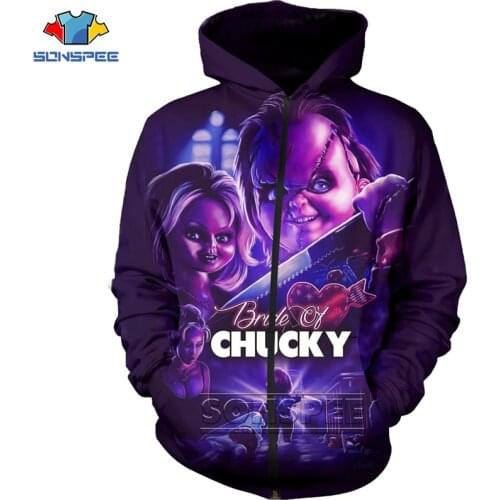 SONSPEE 3D Print Clown Fashion Coat Men Women Hoody Horror Movie Chucky Zipper Hooded Pullover Casual Pocket Tops Brand Clothing